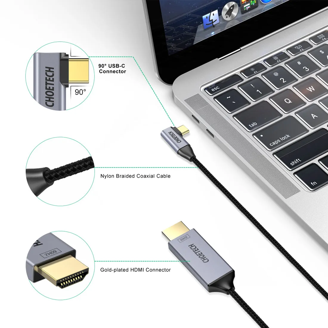 XCH-1201BK CHOETECH USB C to HDMI Cable(4K@60Hz), 6Ft USB Type C to HDMI Cable Braided Thunderbolt 3