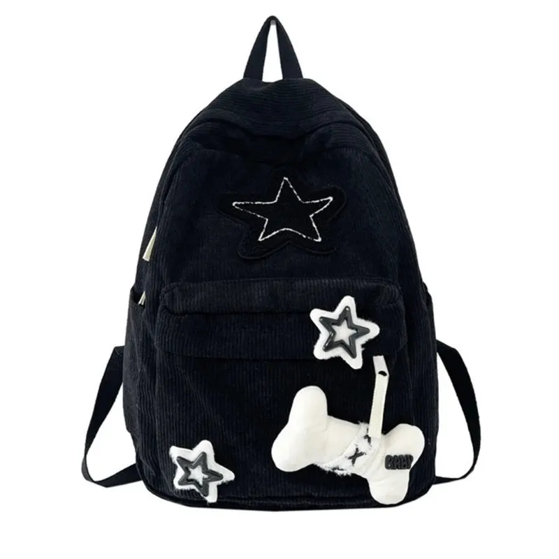 Y2K Girls Star Pattern Laptop Backpack Teen Student Large Capacity School Bookbag Corduroy Rucksack Double Strap Shoulder Bag