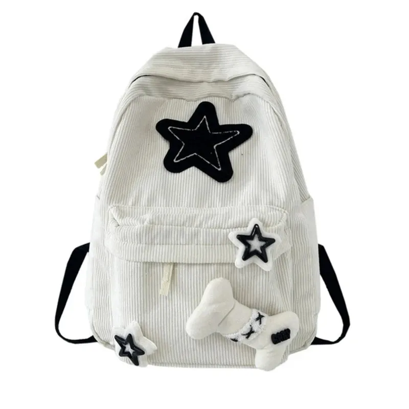 Y2K Girls Star Pattern Laptop Backpack Teen Student Large Capacity School Bookbag Corduroy Rucksack Double Strap Shoulder Bag