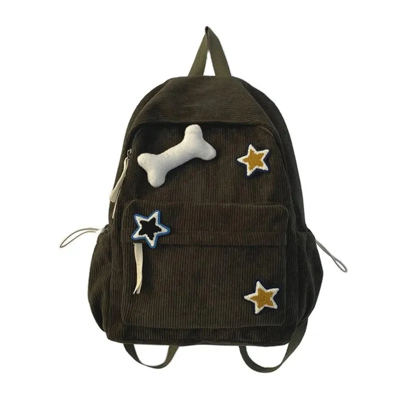 Y2K Girls Star Pattern Laptop Backpack Teen Student Large Capacity School Bookbag Corduroy Rucksack Double Strap Shoulder Bag