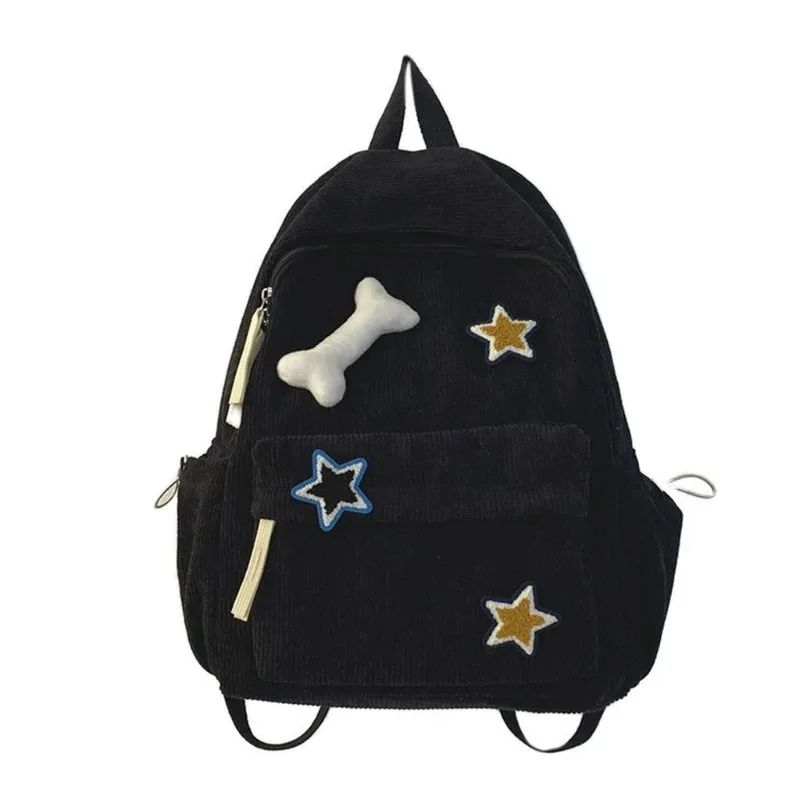 Y2K Girls Star Pattern Laptop Backpack Teen Student Large Capacity School Bookbag Corduroy Rucksack Double Strap Shoulder Bag