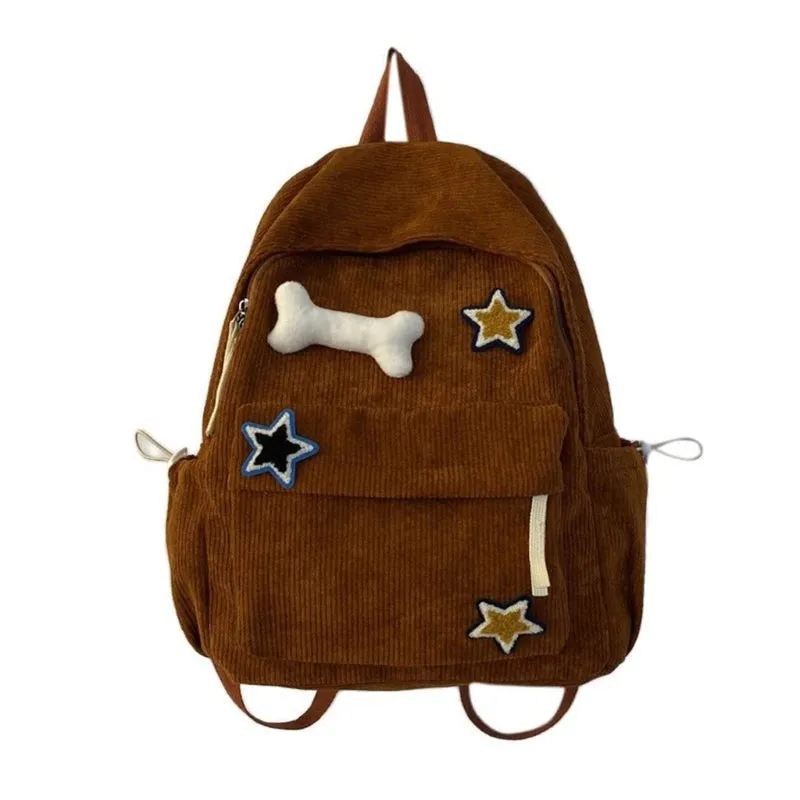 Y2K Girls Star Pattern Laptop Backpack Teen Student Large Capacity School Bookbag Corduroy Rucksack Double Strap Shoulder Bag