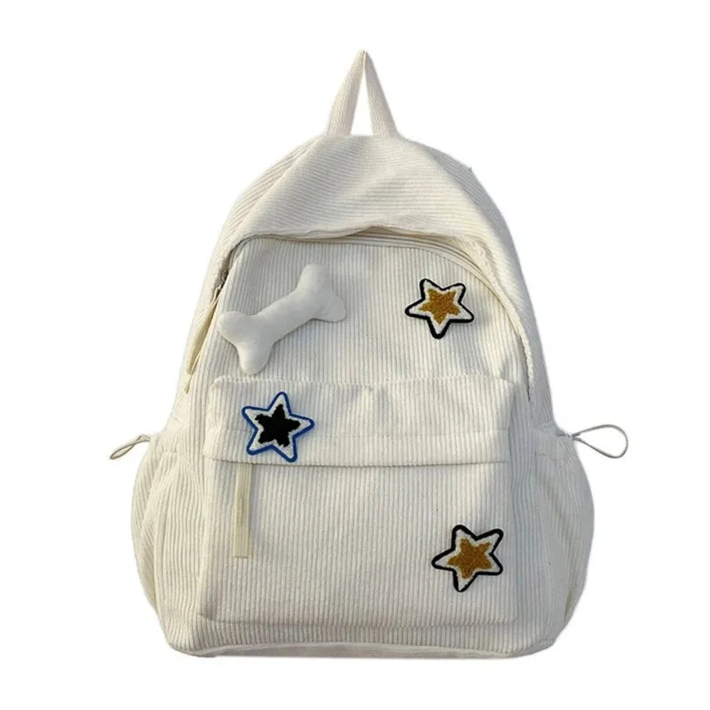 Y2K Girls Star Pattern Laptop Backpack Teen Student Large Capacity School Bookbag Corduroy Rucksack Double Strap Shoulder Bag